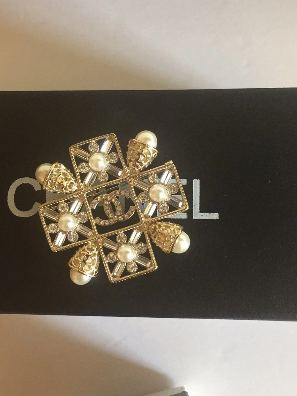 CHANEL Gold and Pearl Crystal CC Cross Brooch